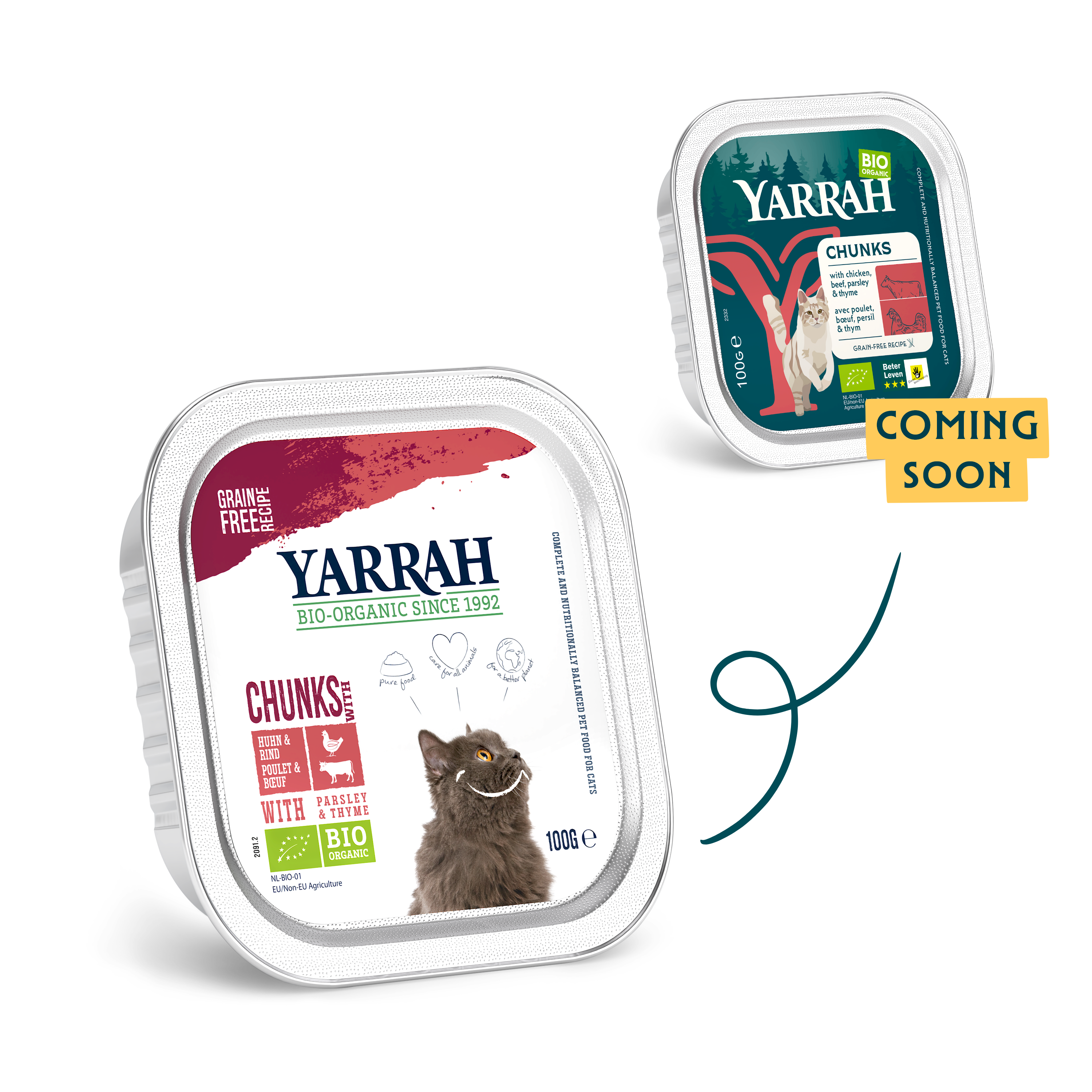 Organic cat food chunks with chicken and beef